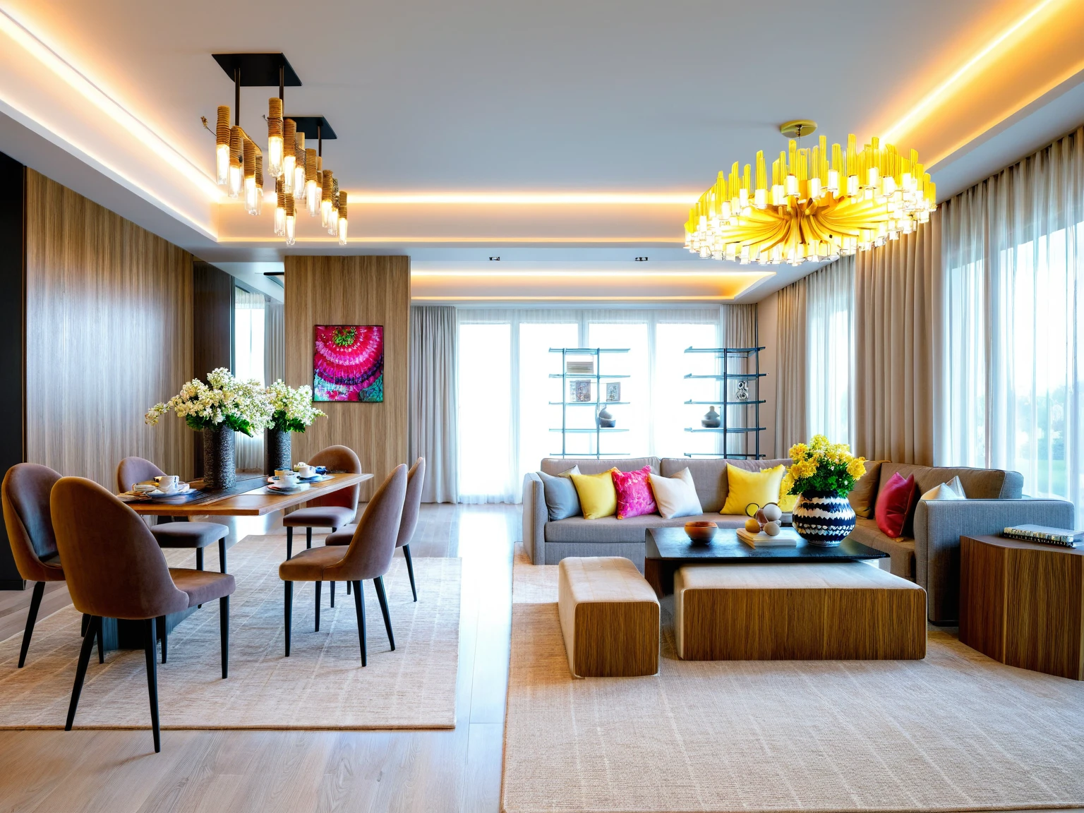Raw photo, Masterpiece, high quality, best quality, authentic, super detail, indoors, living room style modern, sofa, table coffee, rug, dining table, chairs, flower vases, shelves, curtain walls, painting, windows, ceiling lights, chandeliers, minimalist line, vivid color,