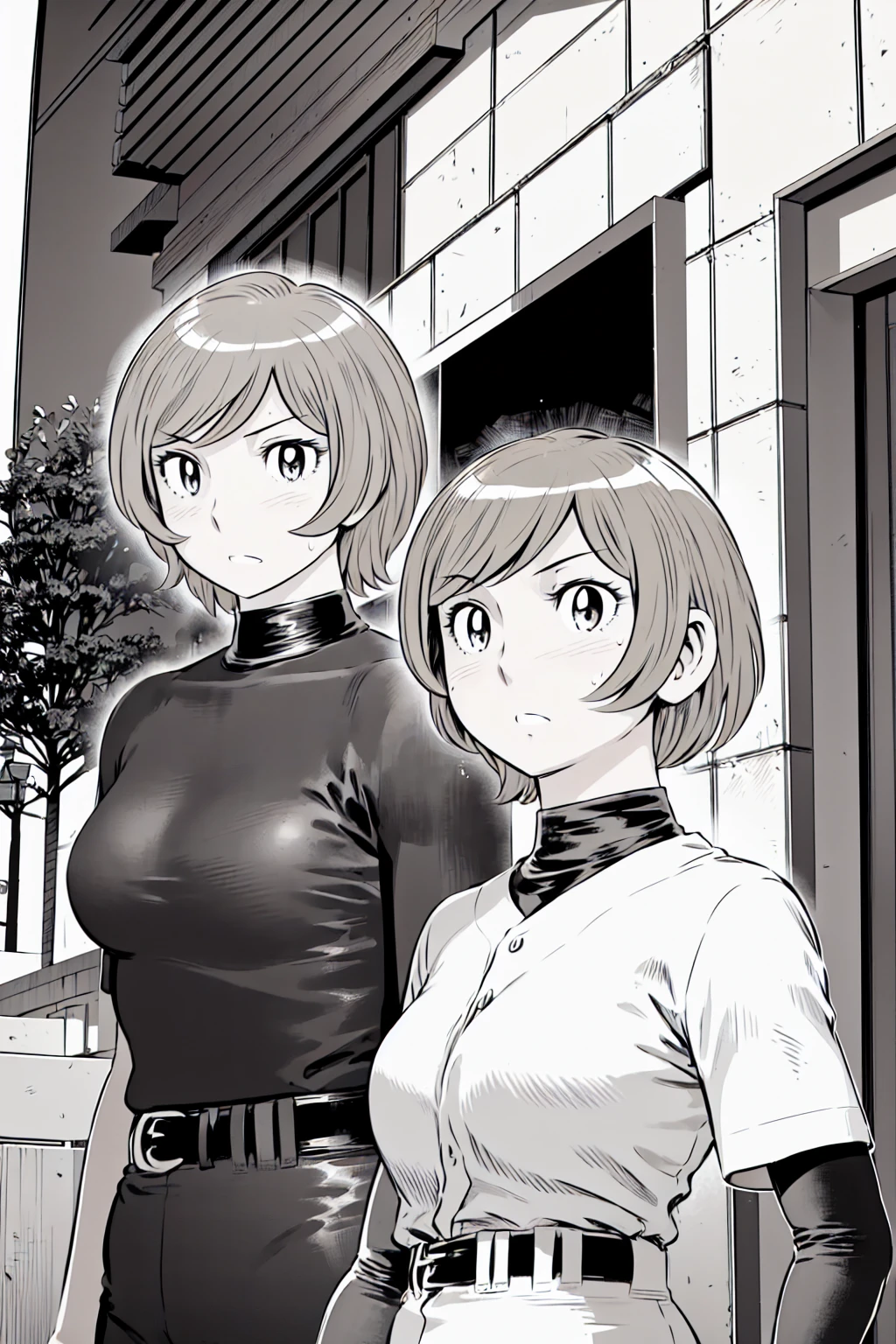 (野球uniform:1.2),
Blonde, (short hair:1.2),Long sleeve, Black Shirt, turtleneck,White trousers、uniform、Black belt、((Illustration of a person))、big 、
View your viewers,, (Highest quality:1.3),One Girl, White pants、uniform、Outdoor、baseball ground、ground、soil、blue eyes、Tight black shirt、(masterpiece、Highest quality)、Highest quality, Ultra-high resolution, (((masterpiece))), alone, Sweat、big eyes、big Breasts、One Girl, Front view、Embarrassed face、Bronze colored hair、((short hair))、Stand up straight、Cowboy Shot