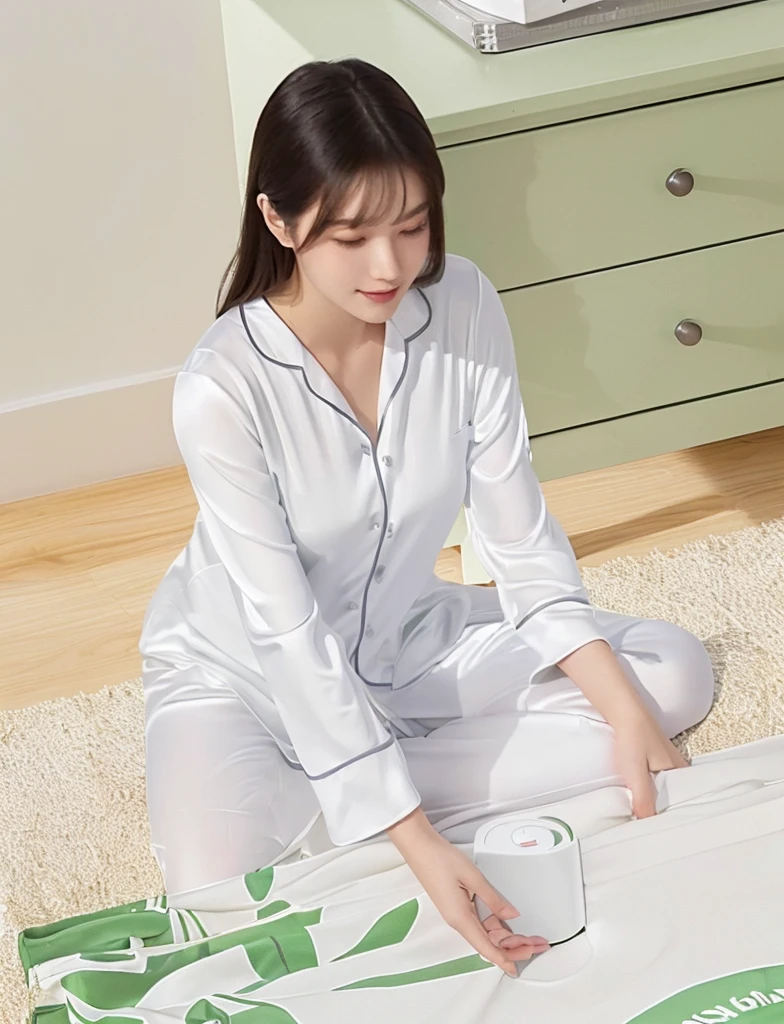 woman sitting on the floor with a White box and a green plant, smooth White tight clothes suit, wearing White pajamas, Full length view, panoramic, Home, satin, Wear translucent sheets, with White, Stylish design, White silky outfit, White, White color, Sitting in the bedroom, Shiny silver, Full length view, Near Angle, Handsome