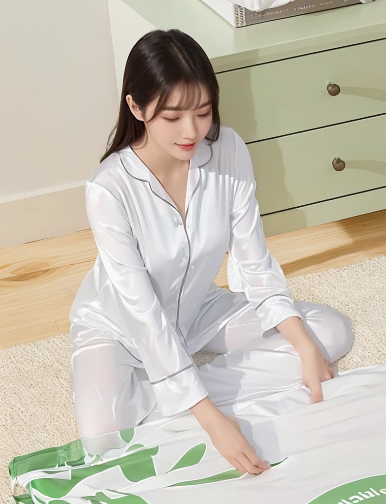 woman sitting on the floor with a White box and a green plant, smooth White tight clothes suit, wearing White pajamas, Full length view, panoramic, Home, satin, Wear translucent sheets, with White, Stylish design, White silky outfit, White, White color, Sitting in the bedroom, Shiny silver, Full length view, Near Angle, Handsome