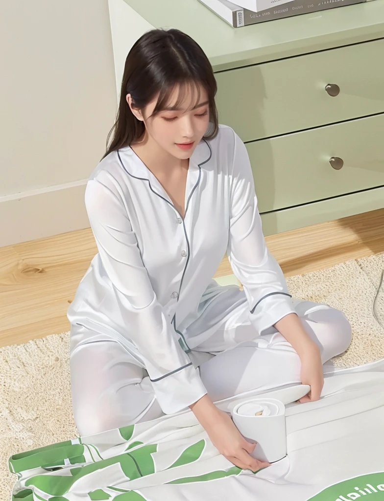 woman sitting on the floor with a White box and a green plant, smooth White tight clothes suit, wearing White pajamas, Full length view, panoramic, Home, satin, Wear translucent sheets, with White, Stylish design, White silky outfit, White, White color, Sitting in the bedroom, Shiny silver, Full length view, Near Angle, Handsome