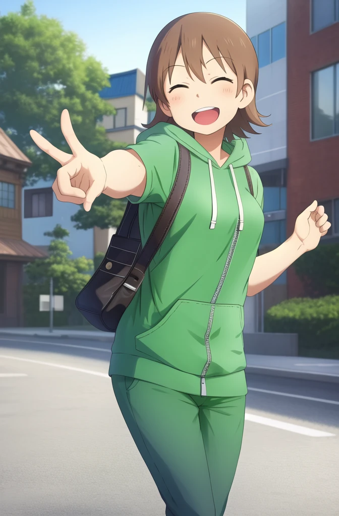 masterpiece, ncjstyle, looking at viewer, smile, aioi yuuko, open mouth, closed eyes, laughing, right hand pointing at viewer, unzipped light green hoodie, white t shirt, short pants, brown sling bag, medium breasts,, 1girl, brown hair, short hair, brown eyes, solo, town, roads, buildings, close up shot