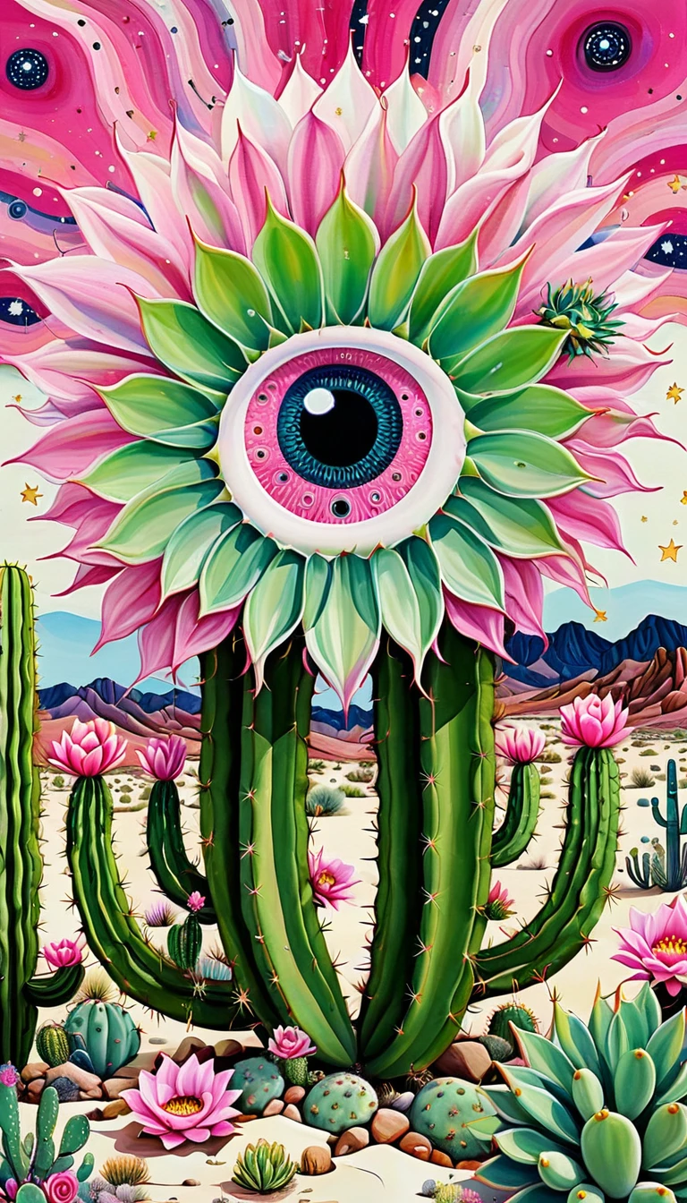 The vast desert,cactus,plant,flower,Tentacles,Eye、Starry Sky,Stitching together an abstract painting,Describing the inner world of autistic people,Sense of space,White Space,interesting,Innocence,Psychedelic Art,Pink theme