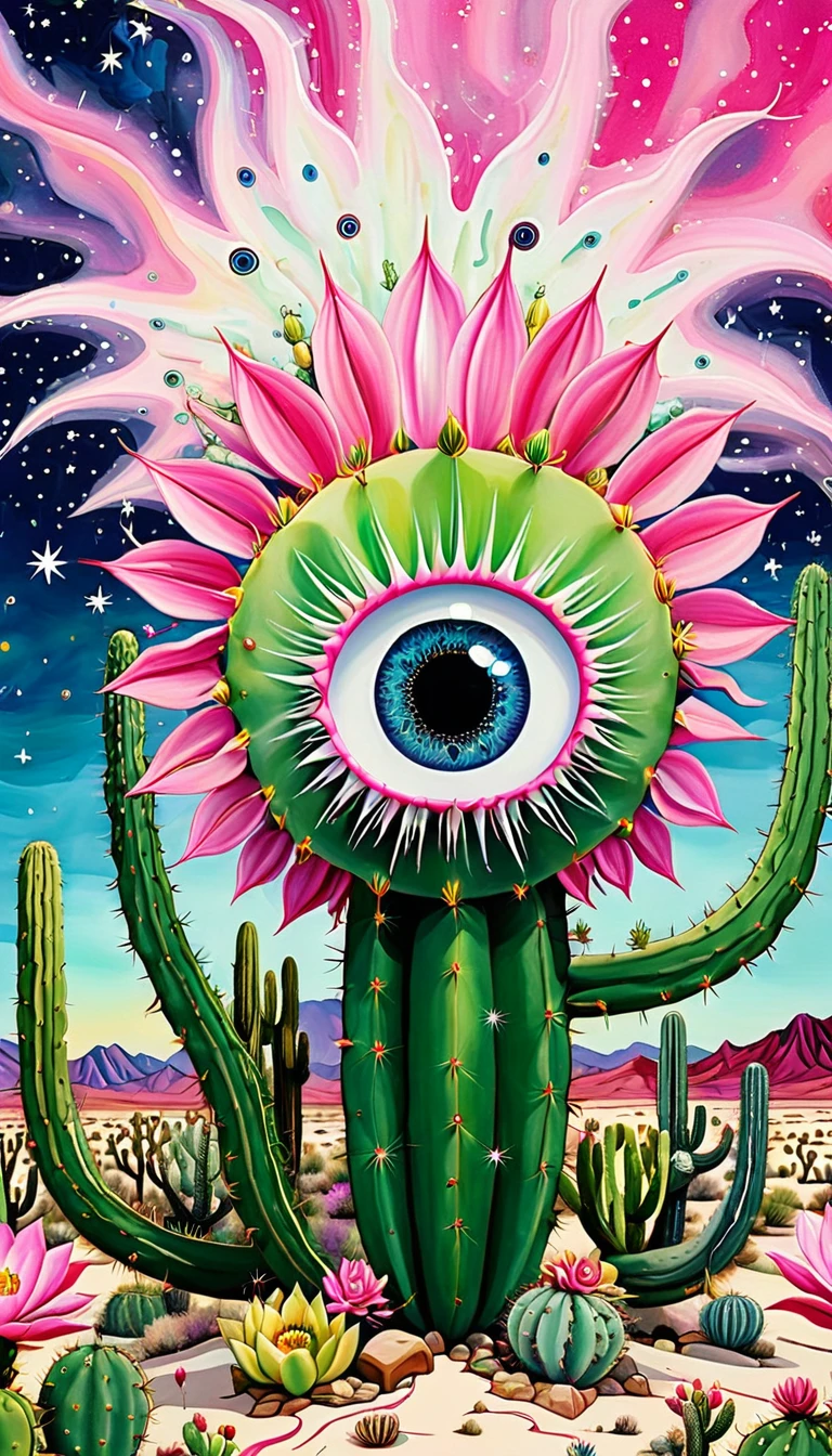 The vast desert，cactus，plant，flower，Tentacles，Eye、Starry Sky，Stitching together an abstract painting，Describing the inner world of autistic people，Sense of space，White Space，interesting，Innocence，Psychedelic Art，Pink theme