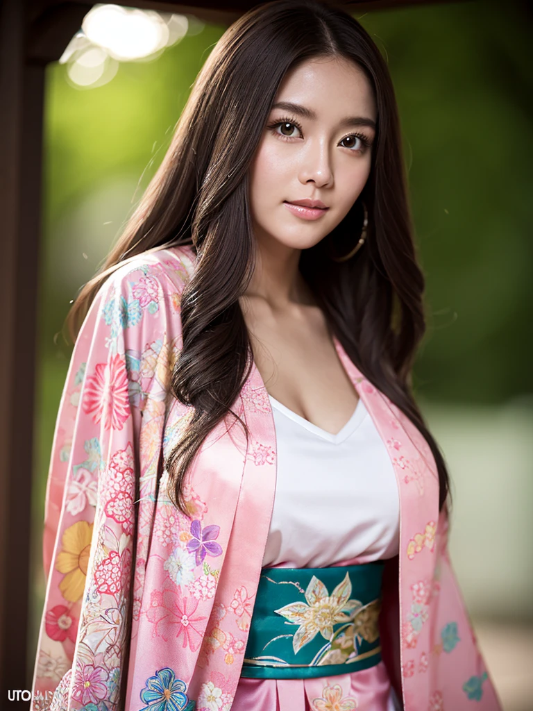 Realistic, Highest quality, 8K, woman, 20-year-old, Sakura pattern kimono, Large bust, Long Hair, Ultra-detailed skin textures, Soft lighting, Fairy, Bokeh