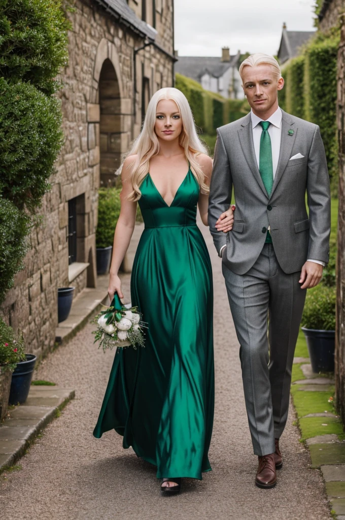 a beautiful young woman "redhead with green eyes" The girl is wearing a fancy emerald green dress with a v-neckline walking hand in hand with Lucius Malfoy " platinum blonde hair and gray eyes" We are walking in a Villa in Scotland