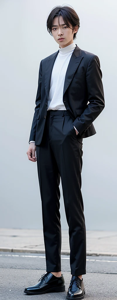 Masterpiece, best quality,, Kudo Shinichi,, black pants, black shirt, Gray long shirt, long sleeve, choker, black jacket, white bow, open clothes, black shoes, road color background, Line of sight, night sky,