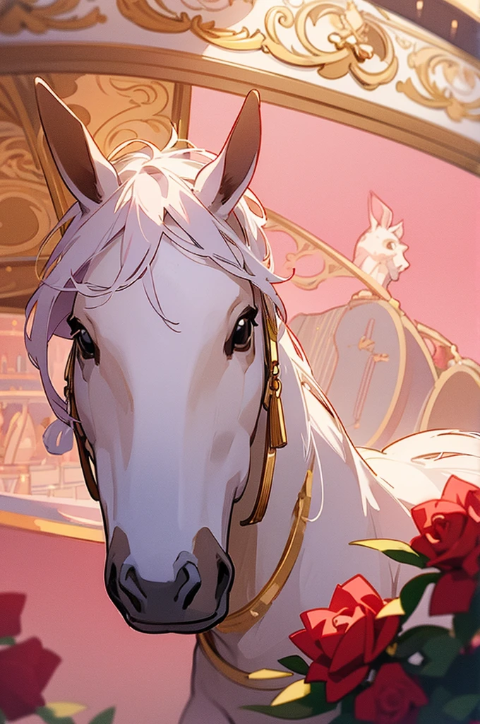 horse carousel,white with pink tones and gold details,with bushes of red roses and it being Winter