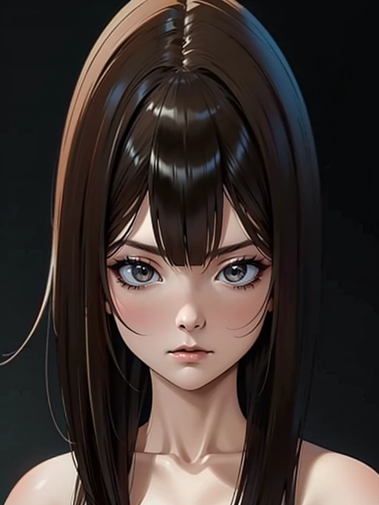 ((Portrait Photo)), She has an Indifferent, Black-Haired Appearance, with a Slim, Graceful Build. She Expresses a Cold and Detached Look, Giving Off an Unapproachable and Mysterious Attitude. She has Pale Skin and Deep, Dark Eyes, Her Hair is Long, Straight, and Black. ((Portrait Photo, HDR, Dark Background))