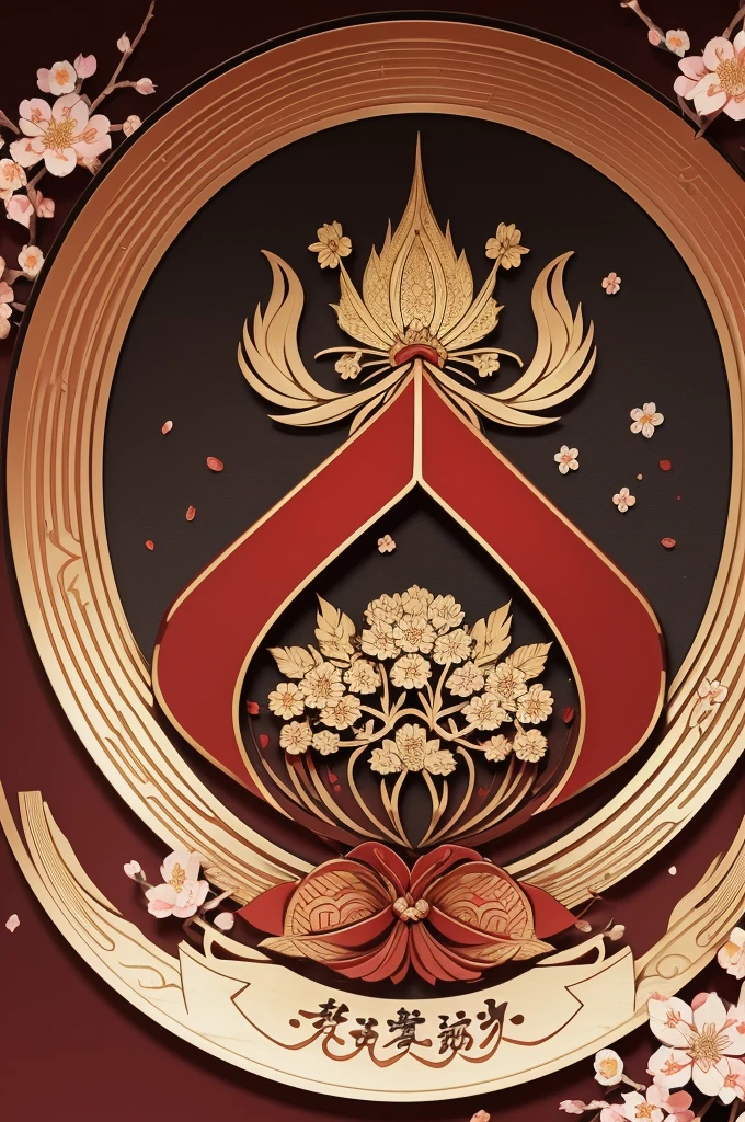 Description of the Hiruka Family Emblem:
format: A traditional Japanese shield.
Main Colors: red and gold.
Core Elements:
A stylized cherry blossom in the center, symbolizing the beauty and transience of life.
Two crossed samurai swords behind the flower, representing strength and honor.
inscription: At the top or bottom of the shield, the word "THREE" written in Japanese kanji (Day Fragrance) or in stylized Roman letters.
Additional Detail: Patterns of waves or mountains around to symbolize nature and harmony.