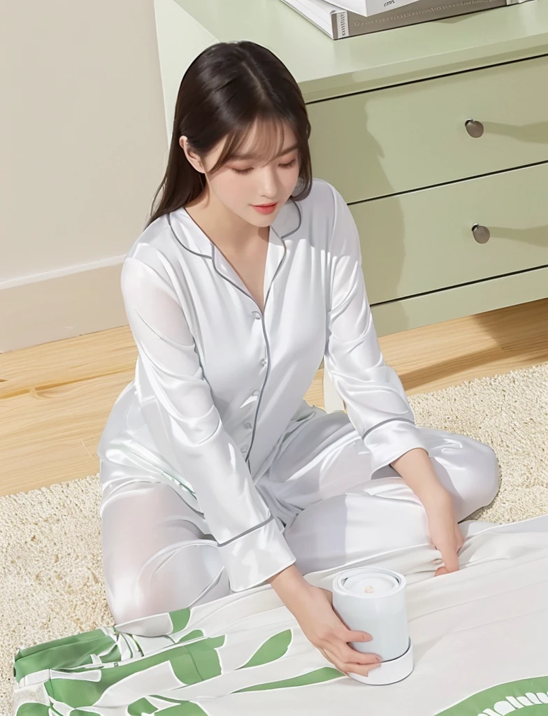 woman sitting on the floor with a White box and a green plant, smooth White tight clothes suit, wearing White pajamas, Full length view, panoramic, Home, satin, Wear translucent sheets, with White, Stylish design, White silky outfit, White, White color, Sitting in the bedroom, Shiny silver, Full length view, Near Angle, Handsome