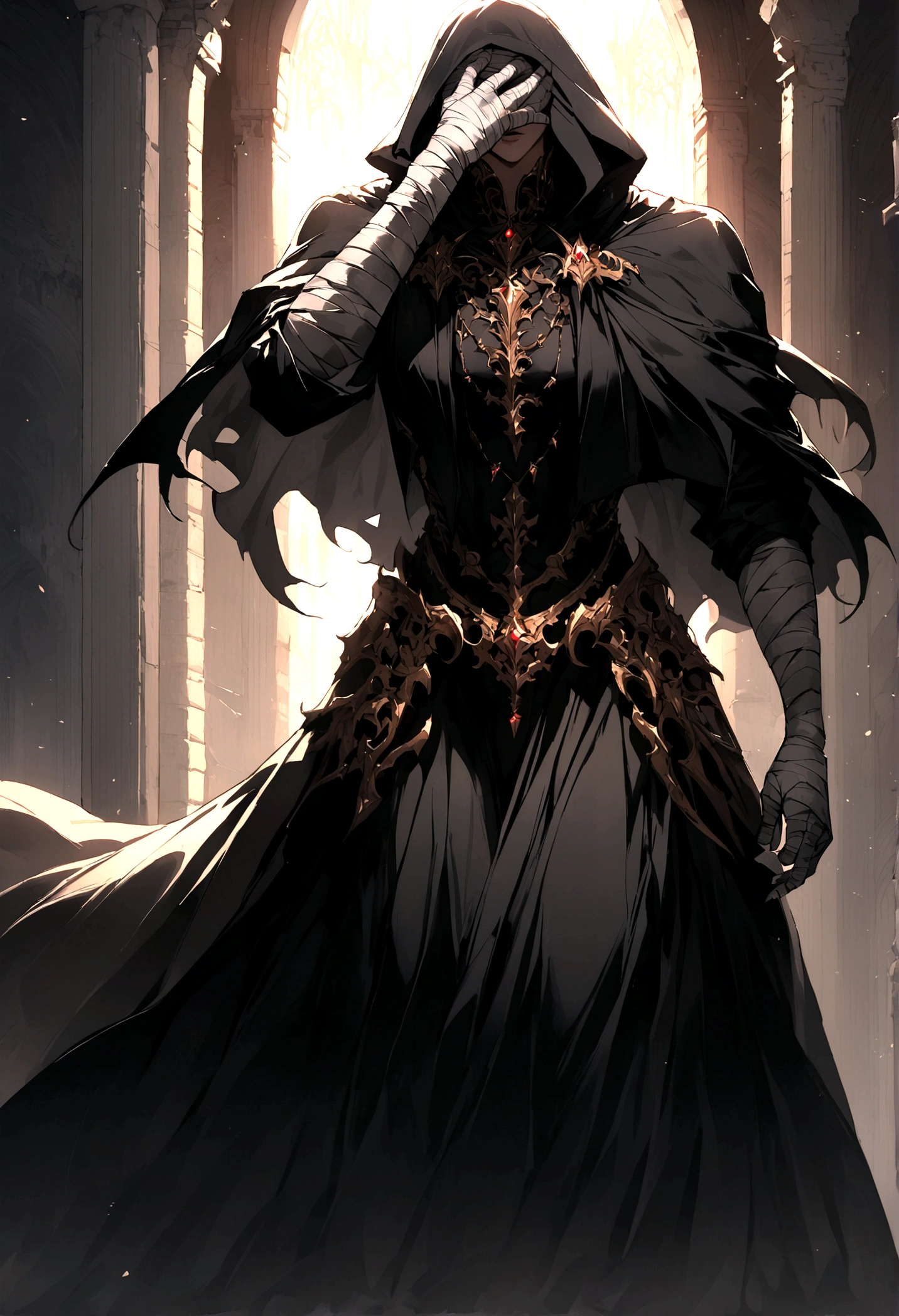 There's a man in a black cape, bandages covering your eyes, epic fantasy style.