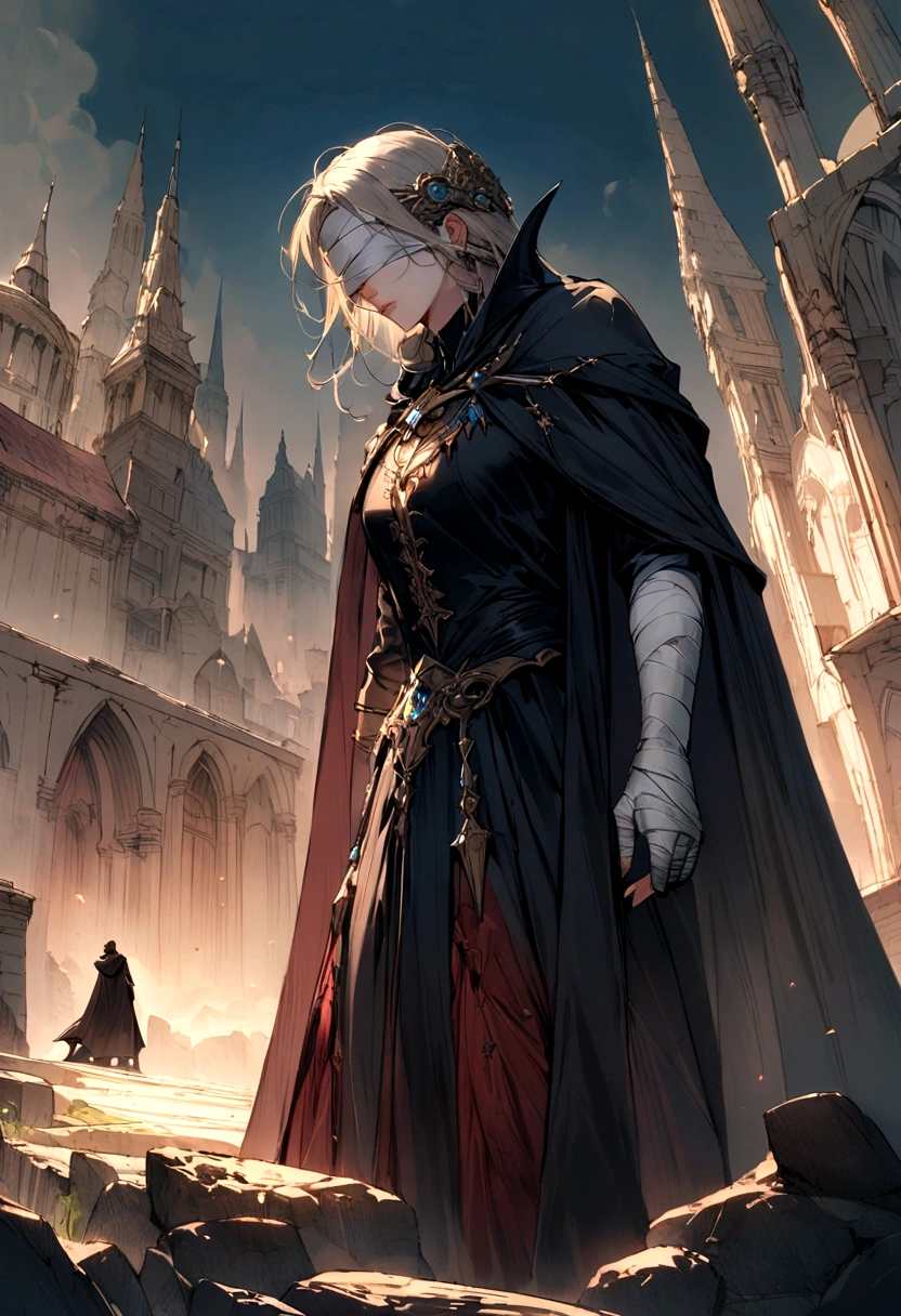 There&#39;s a man in a black cape, bandages covering your eyes, epic fantasy style.