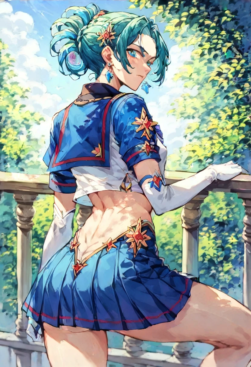 (Best Quality:1.1), (Masterpiece:1.4), (absurdities:1.0), portrait, close up,1 girl, Sailor Uranus, KizukiAi, mature woman, small breasts, aquamarine eyes, by rubio, Marine Senshi in uniform, sailor collar, bow on chest, Back arch, pleated skirt, White Elbow Gloves, big booty, Ultra mini skirt , jewelry, earrings, leaning on a balcony, In her back, showing her butt, Beautiful Buttocks, (crouched) (micro tanga) (back posture)