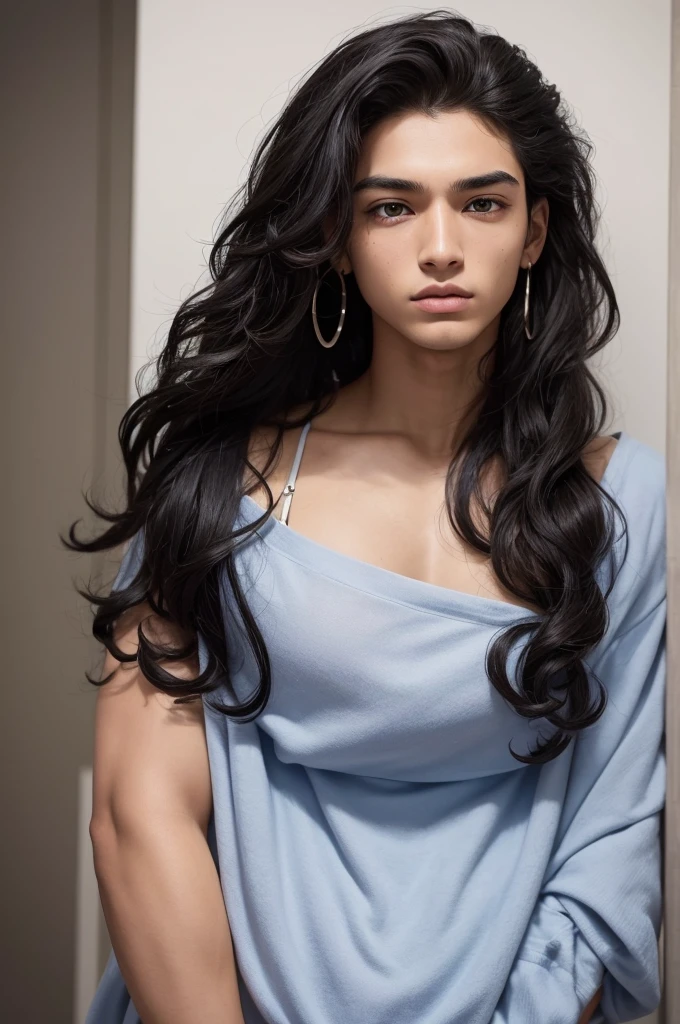((best qualityer)), ((work of art)), (elustração) boy, has black, curly hair, dense and medium in length, falling in loose curls around your face.
Skinned: Her skin is brown, with a warm and deep tone, reflecting a rich and diverse ethnic background.
Height: He is tall, with about 1,80 meters.
eyeballs: His eyes are a deep, intense blue, contrasting strikingly with your skin and hair. They have a piercing and determined expression, but they can also reveal moments of vulnerability.
muka: His face is angular, with high cheekbones and a well-defined jawline. He has thick eyebrows that further accentuate his expressive look..