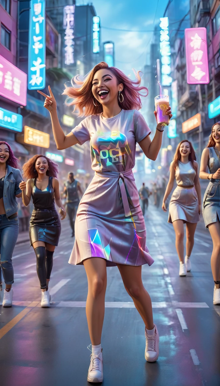 Adult women with straight hair, dressed in urban clothes, plain dresses, In an urban landscape and holographic signs、DANCING HAPPY. HANDS RAISED on the road. are drinking and laughing, The background is modern and cyberpunk, high tech vibe. Lovely Digital Painting, 3D rendering, Bright lighting, swirly vibrant colors. adult people, pessoas bonitas, long  hair