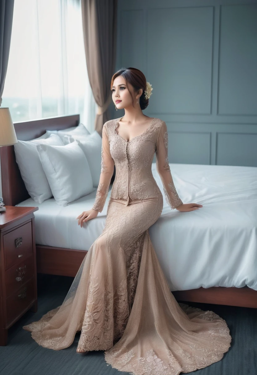 A woman in the wedding kebaya, full body,mermaid tight long kebaya, flowy dramatic long kebaya,very long flor length gown, tall women, in bed room, sexy face,sexy pose, masterpice, hyper realistic, realistic lightning, Ensure that the image is photorealistic and of top-quality 8K HDR, capturing every intricate detail of the scene