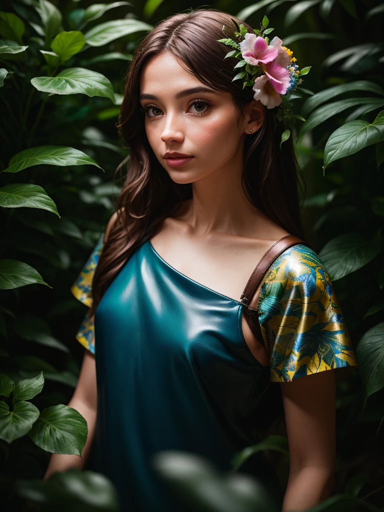 Fashion Photography Portrait of a 25 Year Old Girl, In the blue lush jungle with flowers and birds, 3d визуализация, cgi, symetrical, octane render, 35 mm, bokeh, 9:16, (Complicated details: 1.12), hdr, (Complicated details, hyper-detailing: 1.15), (Natural leather texture, hyper realisitc, soft light, sharpness: 1.2)