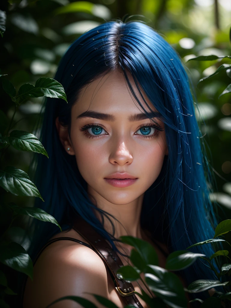Fashion Photography Portrait of a 25 Year Old Girl, In the blue lush jungle with flowers and birds, 3d визуализация, cgi, symetrical, octane render, 35 mm, bokeh, 9:16, (Complicated details: 1.12), hdr, (Complicated details, hyper-detailing: 1.15), (Natural leather texture, hyper realisitc, soft light, sharpness: 1.2)