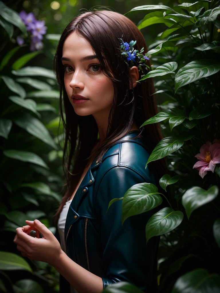 Fashion Photography Portrait of a 25 Year Old Girl, In the blue lush jungle with flowers and birds, 3d визуализация, cgi, symetrical, octane render, 35 mm, bokeh, 9:16, (Complicated details: 1.12), hdr, (Complicated details, hyper-detailing: 1.15), (Natural leather texture, hyper realisitc, soft light, sharpness: 1.2)