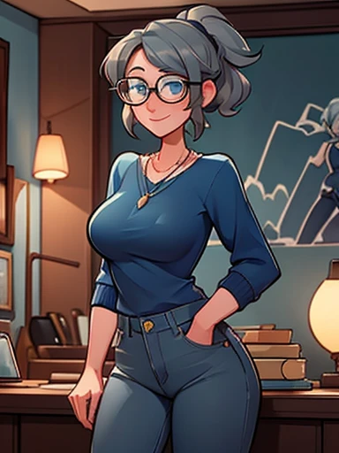 Aunt Cass from Big Hero 6, blue low-cut sweater, jeans, necklace, friendly expression, tall slender build, grey hair in a ponytail, glasses, mature 