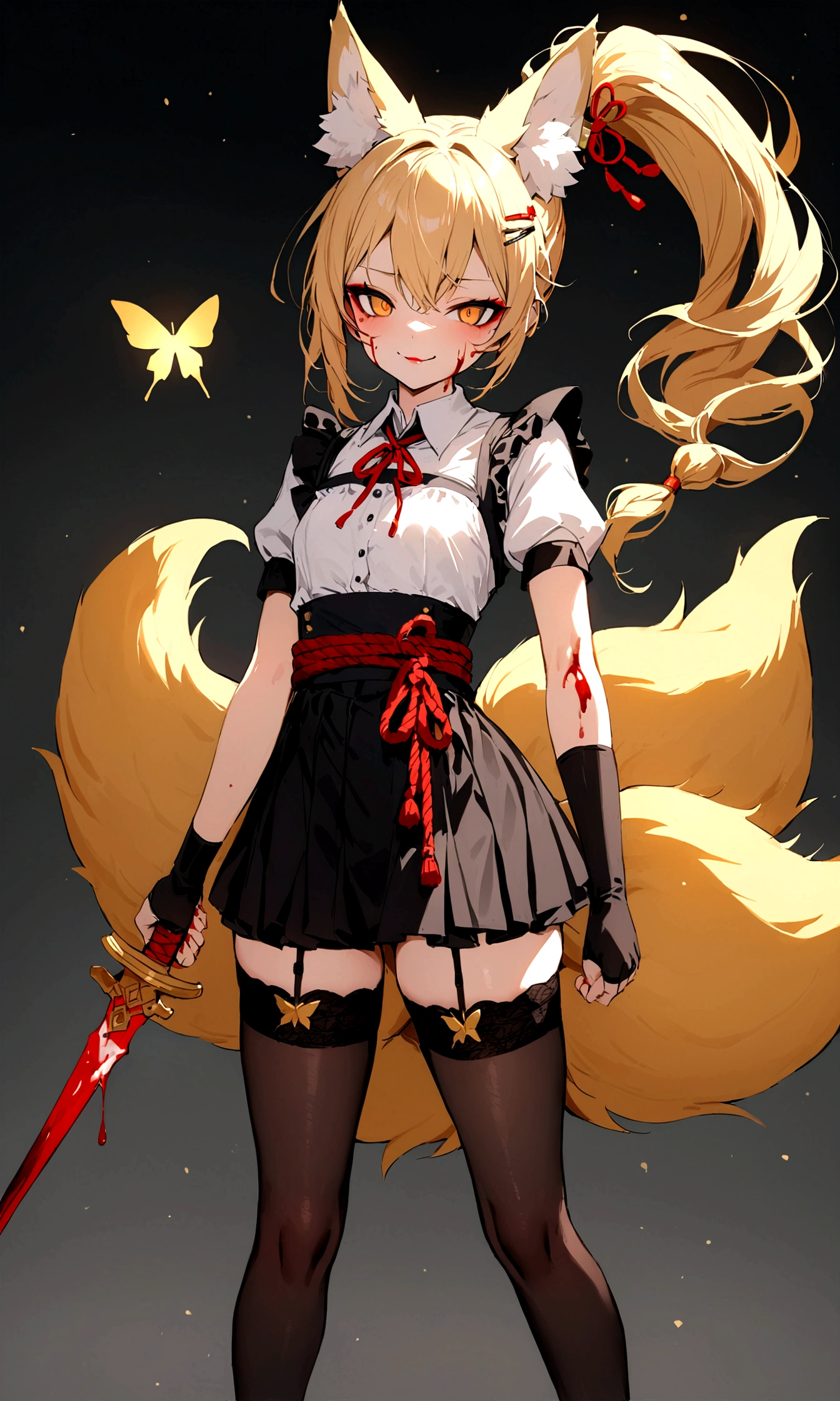 (masterpiece, best quality) junior,1girl,detailed, (beautiful,small breasts), blonde,long hair, side ponytail(tied to the left),Hairpin decoration with gold butterfly, elegant, (fox ears),nine tailed fox tail, red eyeshadow, golden eyes, femur，dark night sky,girl,yandere eyes,bloody face,피묻은 Maid복,Maid,white shirt,Black Skirt,Black stockings,Garter belt stockings,Bloody(blood on fullbody),bloody dagger,ninja rope,holding weapon,holding the hilt of a sword,evil smile