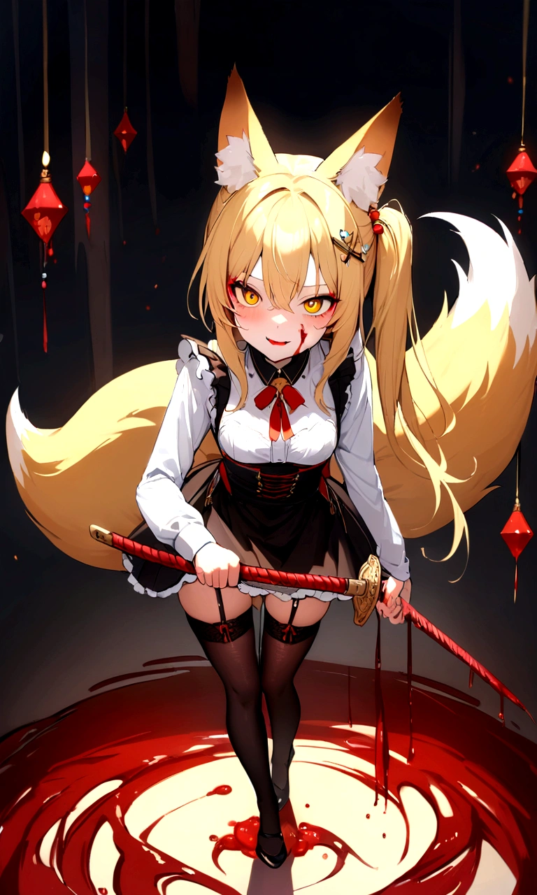 (masterpiece, best quality) junior,1girl,detailed, (beautiful,small breasts), blonde,long hair, side ponytail(tied to the left),Hairpin decoration with gold butterfly, elegant, (fox ears),nine tailed fox tail, red eyeshadow, golden eyes, femur，dark night sky,girl,yandere eyes,bloody face,피묻은 Maid복,Maid,white shirt,Black Skirt,Black stockings,Garter belt stockings,Bloody(blood on fullbody),bloody dagger,ninja rope,holding weapon,holding the hilt of a sword,evil smile