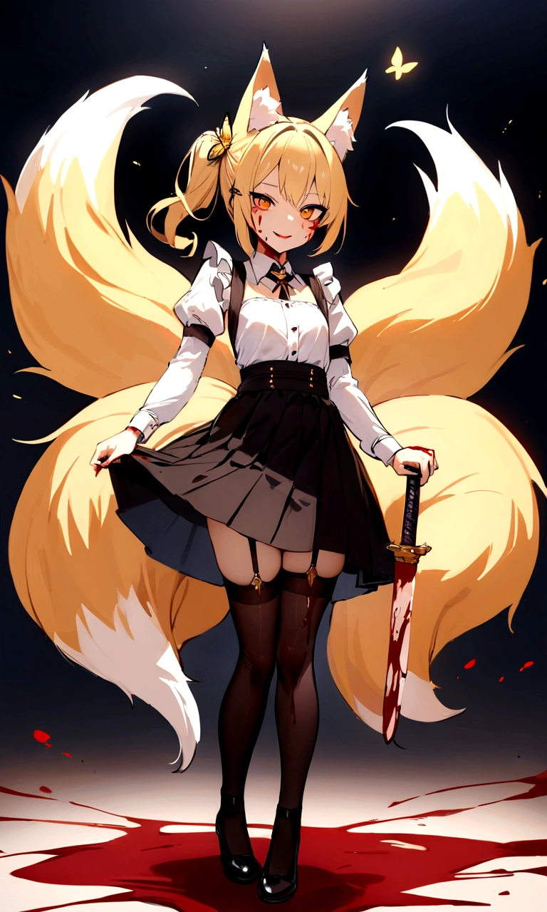 (masterpiece, best quality) junior,1girl,detailed, (beautiful,small breasts), blonde,long hair, side ponytail(tied to the left),Hairpin decoration with gold butterfly, elegant, (fox ears),nine tailed fox tail, red eyeshadow, golden eyes, femur，dark night sky,girl,yandere eyes,bloody face,피묻은 Maid복,Maid,white shirt,Black Skirt,Black stockings,Garter belt stockings,Bloody(blood on fullbody),bloody dagger,ninja rope,holding weapon,holding the hilt of a sword,evil smile