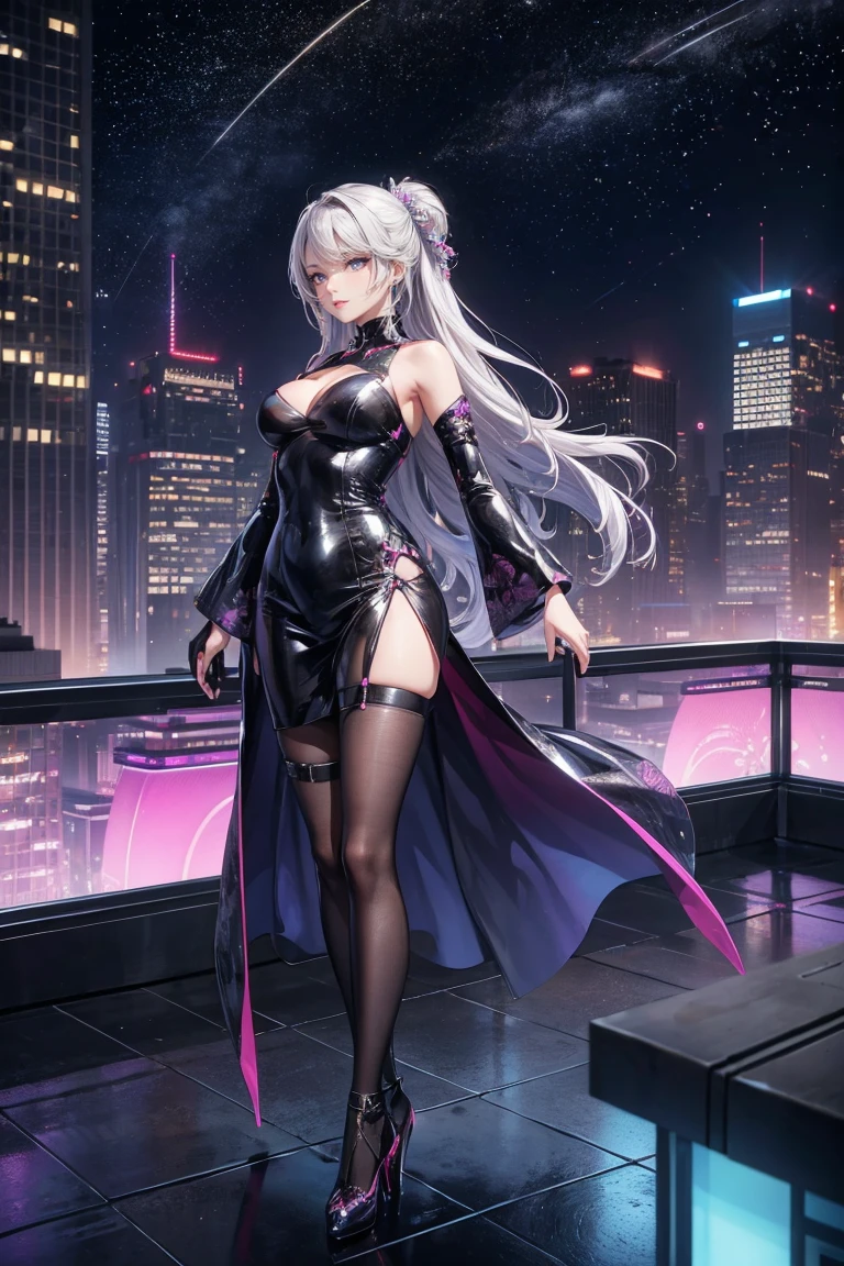 A futuristic cityscape at night with towering skyscrapers illuminated by neon lights. In the foreground, a young woman with long, flowing silver hair stands confidently on the edge of a skyscraper rooftop. She is dressed in a modernized, elegant pink dress with intricate floral patterns, a black belt, and black stockings. Her dress has a stylish, contemporary cut that complements her figure. She wears pink high heels and has delicate accessories in her hair, including traditional Japanese hair ornaments. The night sky above is filled with stars, adding to the serene yet powerful atmosphere. The wind gently flows through her hair and dress, capturing a sense of motion. The city lights below highlight her figure, creating a striking contrast between the traditional and futuristic elements.



