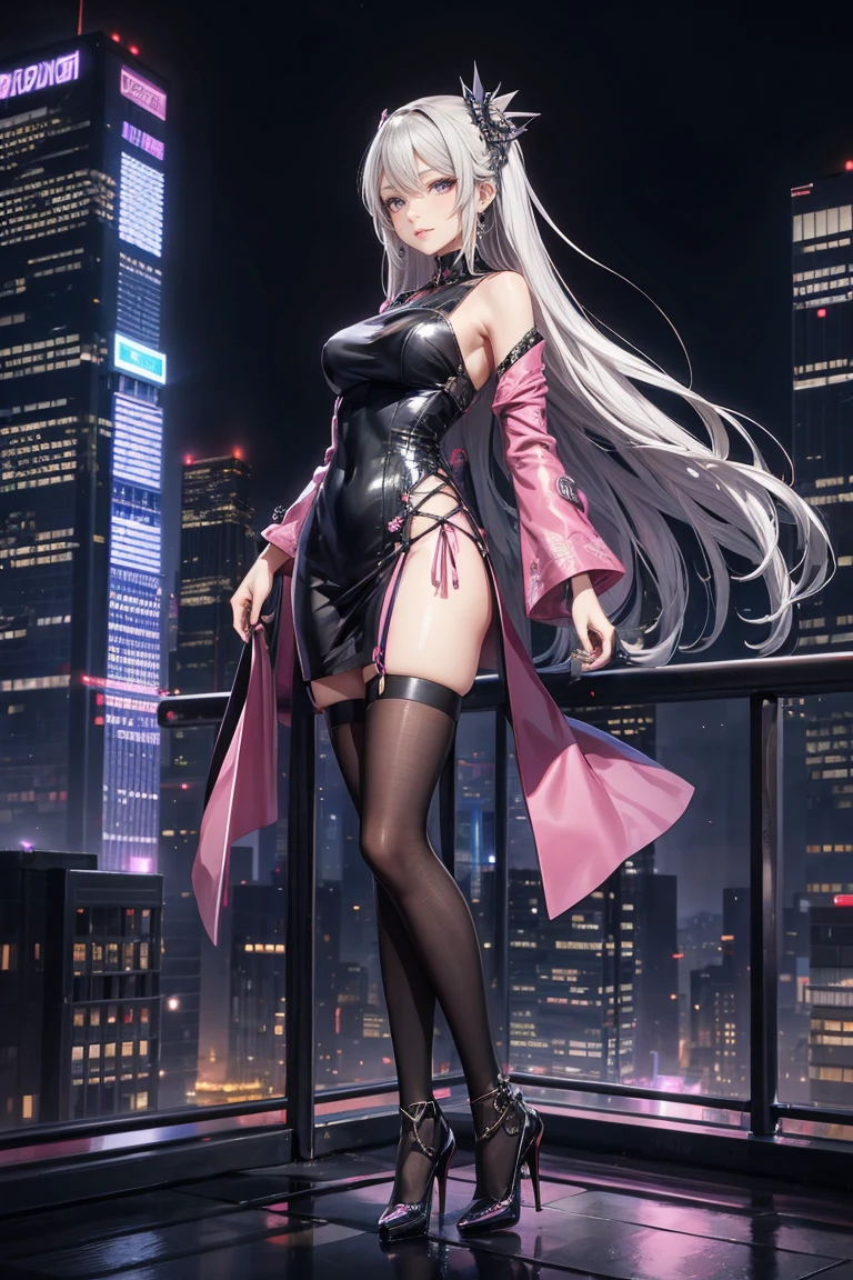 A futuristic cityscape at night with towering skyscrapers illuminated by neon lights. In the foreground, a young woman with long, flowing silver hair stands confidently on the edge of a skyscraper rooftop. She is dressed in a modernized, elegant pink dress with intricate floral patterns, a black belt, and black stockings. Her dress has a stylish, contemporary cut that complements her figure. She wears pink high heels and has delicate accessories in her hair, including traditional Japanese hair ornaments. The night sky above is filled with stars, adding to the serene yet powerful atmosphere. The wind gently flows through her hair and dress, capturing a sense of motion. The city lights below highlight her figure, creating a striking contrast between the traditional and futuristic elements.




