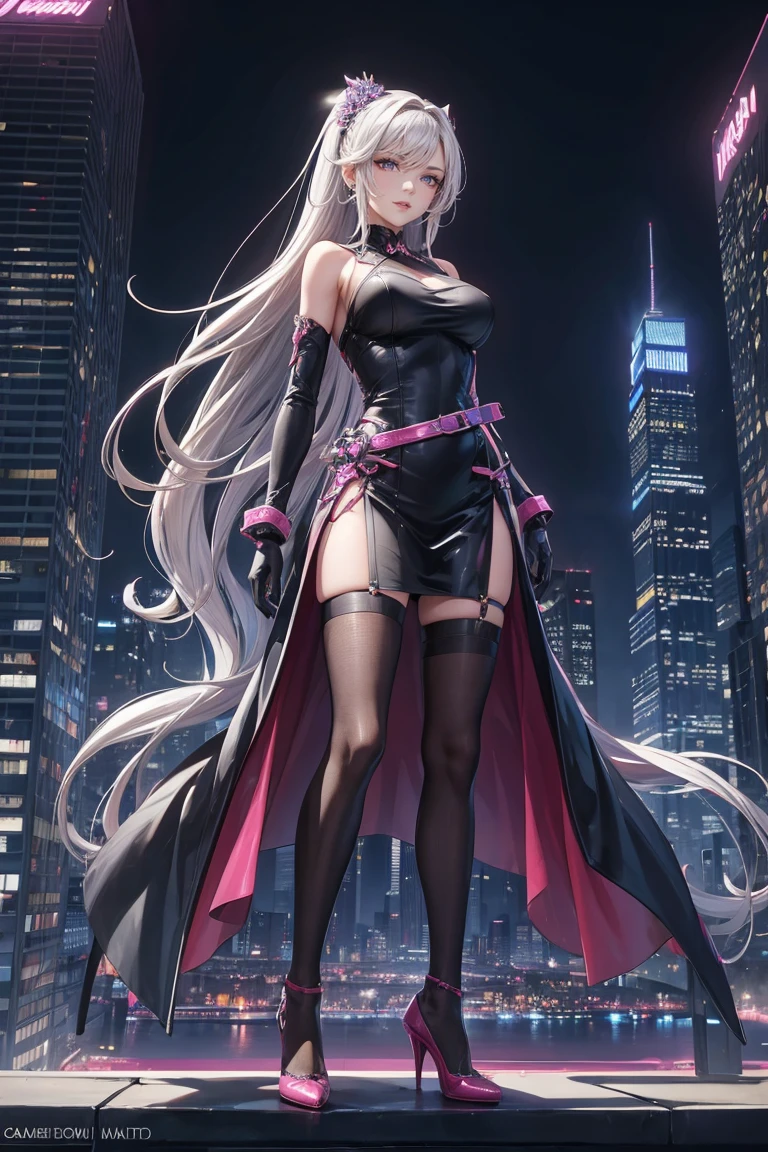 A futuristic cityscape at night with towering skyscrapers illuminated by neon lights. In the foreground, a young woman with long, flowing silver hair stands confidently on the edge of a skyscraper rooftop. She is dressed in a modernized, elegant pink dress with intricate floral patterns, a black belt, and black stockings. Her dress has a stylish, contemporary cut that complements her figure. She wears pink high heels and has delicate accessories in her hair, including traditional Japanese hair ornaments. The night sky above is filled with stars, adding to the serene yet powerful atmosphere. The wind gently flows through her hair and dress, capturing a sense of motion. The city lights below highlight her figure, creating a striking contrast between the traditional and futuristic elements.