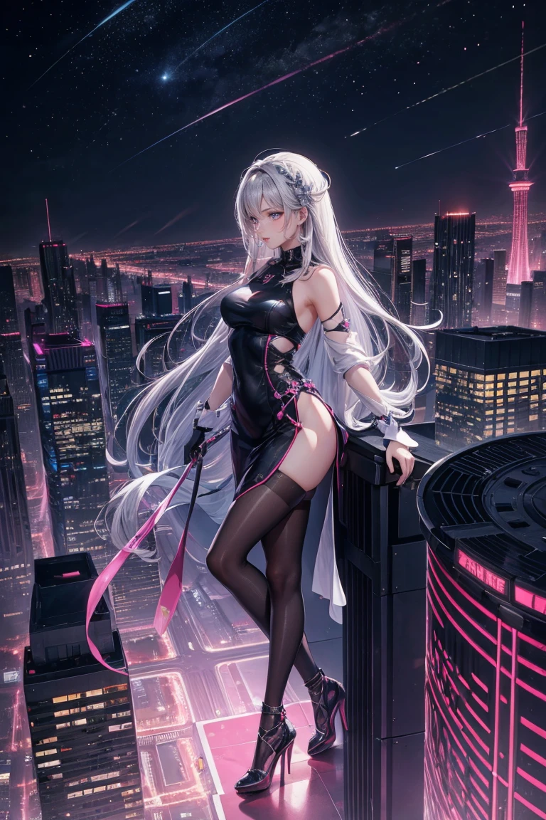 A futuristic cityscape at night with towering skyscrapers illuminated by neon lights. In the foreground, a young woman with long, flowing silver hair stands confidently on the edge of a skyscraper rooftop. She is dressed in a modernized, elegant pink dress with intricate floral patterns, a black belt, and black stockings. Her dress has a stylish, contemporary cut that complements her figure. She wears pink high heels and has delicate accessories in her hair, including traditional Japanese hair ornaments. The night sky above is filled with stars, adding to the serene yet powerful atmosphere. The wind gently flows through her hair and dress, capturing a sense of motion. The city lights below highlight her figure, creating a striking contrast between the traditional and futuristic elements.



