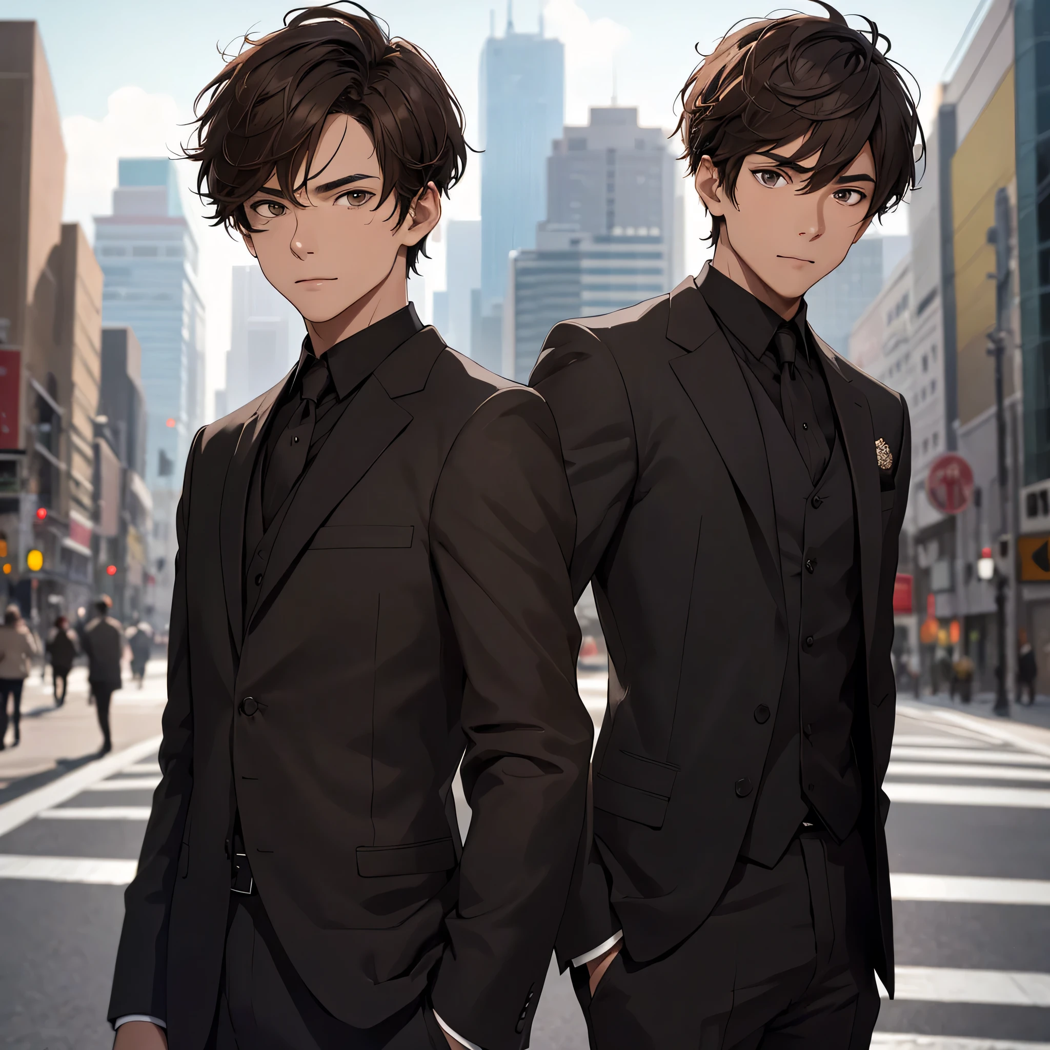 1 boy, short brown hair, brown, All black suit, city, nonsense, high resolution, extra sharp, 8K, Masterpiece, look at viewer
