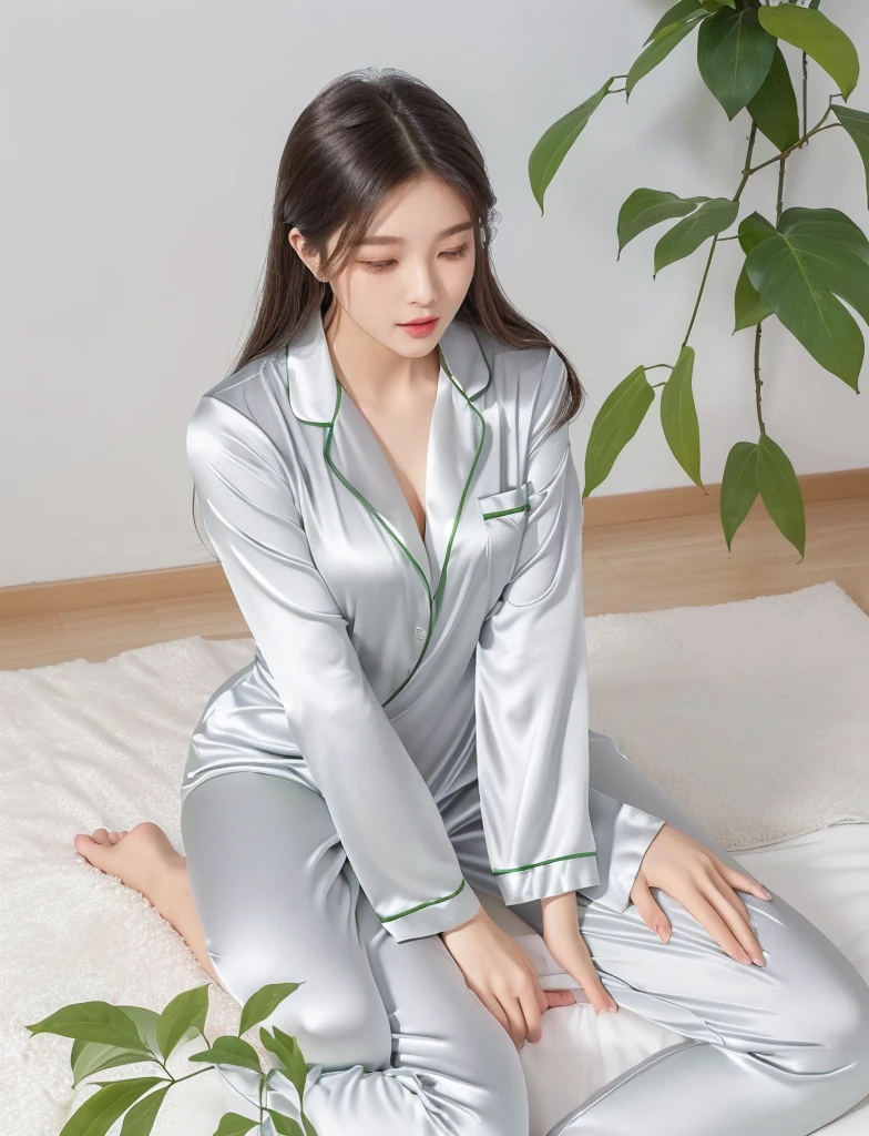 woman sitting on the floor with a 白色的 box and a green plant, smooth white tight clothes suit, wearing pajamas, Full length view, panoramic, Home, satin, Wearing grey long sleeves, Light gray, Stylish design,  silky outfit,  Farbe, Sitting in the bedroom, Shiny silver, Full length view, Near Angle, Handsome