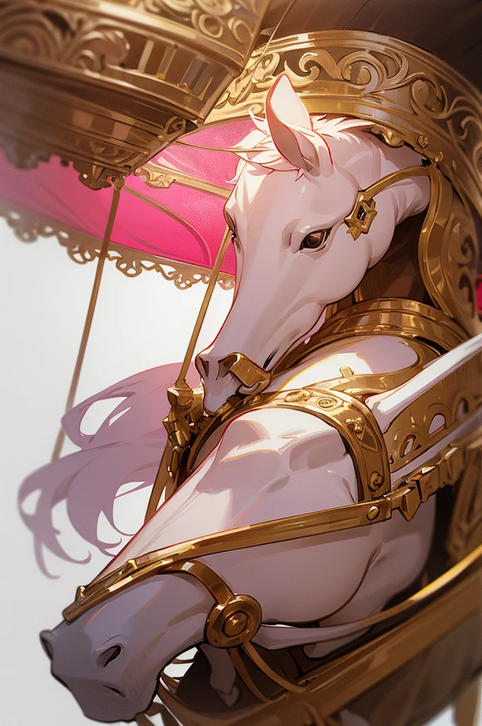 horse carousel,white with pink tones and gold details,with bushes of red roses and it being Winter