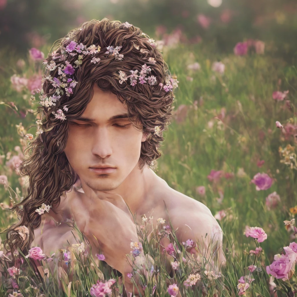 1 boy, beautiful detailed eyes, beautiful detailed lips, extremely detailed face and skin, long eyelashes, messy brown hair, , standing in a field of flowers, sunlight, cinematic lighting, vibrant colors, fantasy, digital painting, intricate details, high quality, 8k, photorealistic