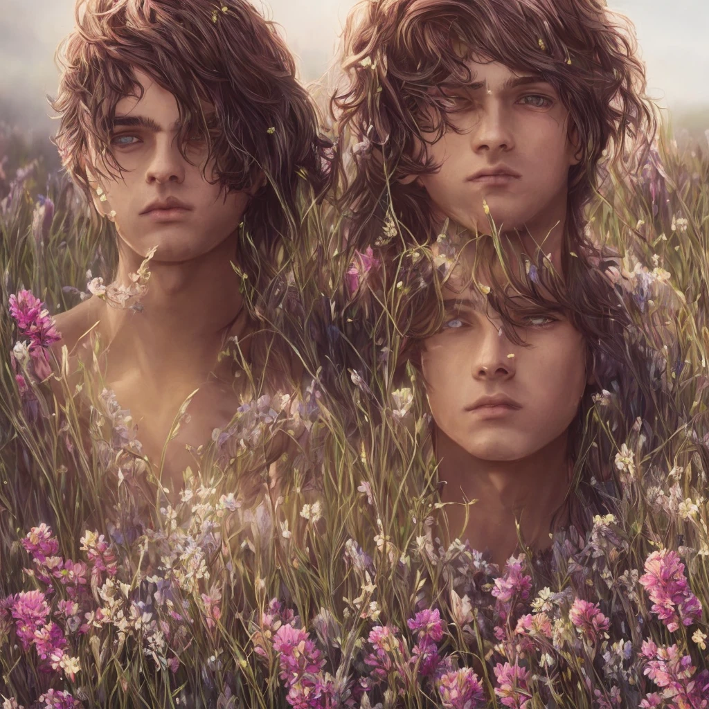 1 boy, beautiful detailed eyes, beautiful detailed lips, extremely detailed face and skin, long eyelashes, messy brown hair, , standing in a field of flowers, sunlight, cinematic lighting, vibrant colors, fantasy, digital painting, intricate details, high quality, 8k, photorealistic