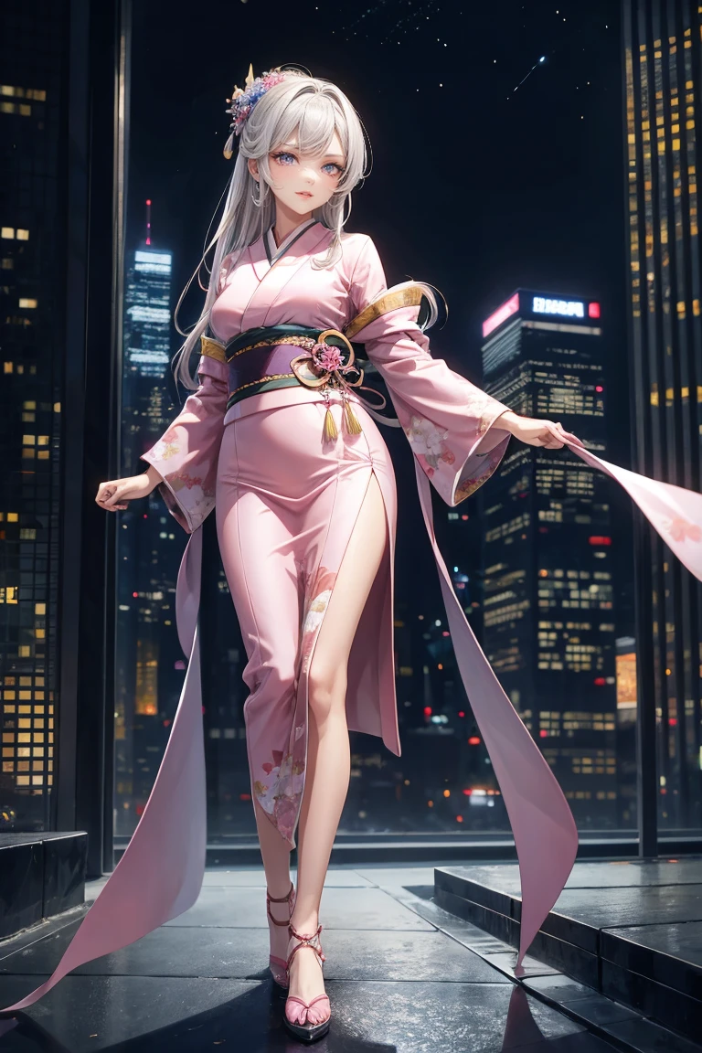 Neon-lit skyscrapers tower above、Futuristic night cityscape. In the foreground, long young woman, A girl with flowing silver hair confidently stands on the edge of a skyscraper rooftop.々Standing at. She is wearing a modern pink kimono with intricate floral patterns., Black Belt, Black Stockings. Her kimono is short, Stylish cut with a contemporary feel. She wears pink high heels、She has delicate accessories in her hair., Includes traditional Japanese hair accessories. The night sky above is full of stars, A calm yet powerful atmosphere. The wind gently flows through her hair and kimono., Capturing the sense of movement. The city lights below highlight her figure., Create a striking contrast between traditional and futuristic elements.