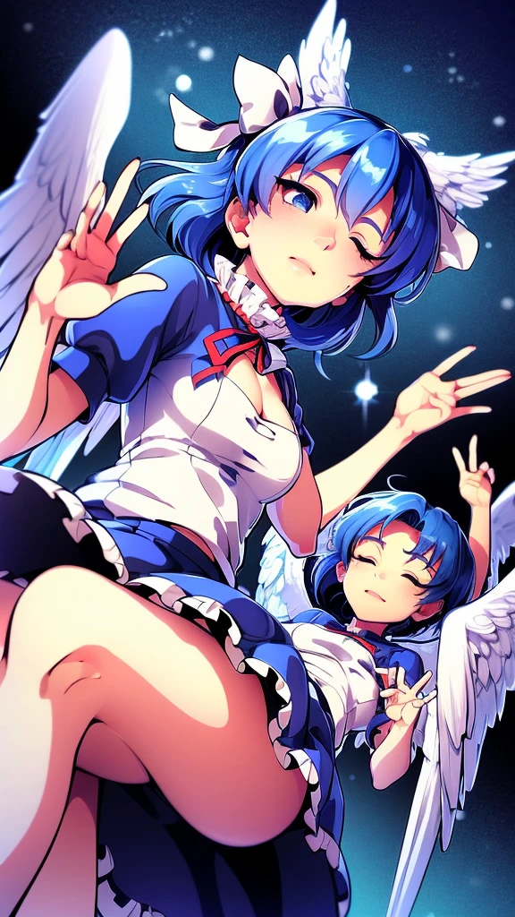 (best quality,4k,8k,highres,masterpiece:1.2), ultra-detailed, highly detailed texture, intricate details, A cute age angel with blue eyes, drawn in anime style, 1girl, , , 10 ydium blue hair, hair flaps, pink ribbon on head, well-formed face, blue eyes, angel girl, white blouse, puffy short sleeves, red ribbon, angel wings, long white skirt, red shoes, frills, ribbon head, A pair of angel wings on the back, from behind, to lift up one’s skirt, cowboy shot, from front, standing , raise one leg, crossed arms, arms up behind, arms behind back, hand between legs, put hands hip, one hand on hip, forward hands, arms raised in the air, punch hands, peace sign, waving, put up index finger, sit, lie down, closed eyes, lie face down, looking back, put one hand chest, leaning forward, cleavage, close up, horizontally outstretched arms, horizontally outstretched legs, front view, front face