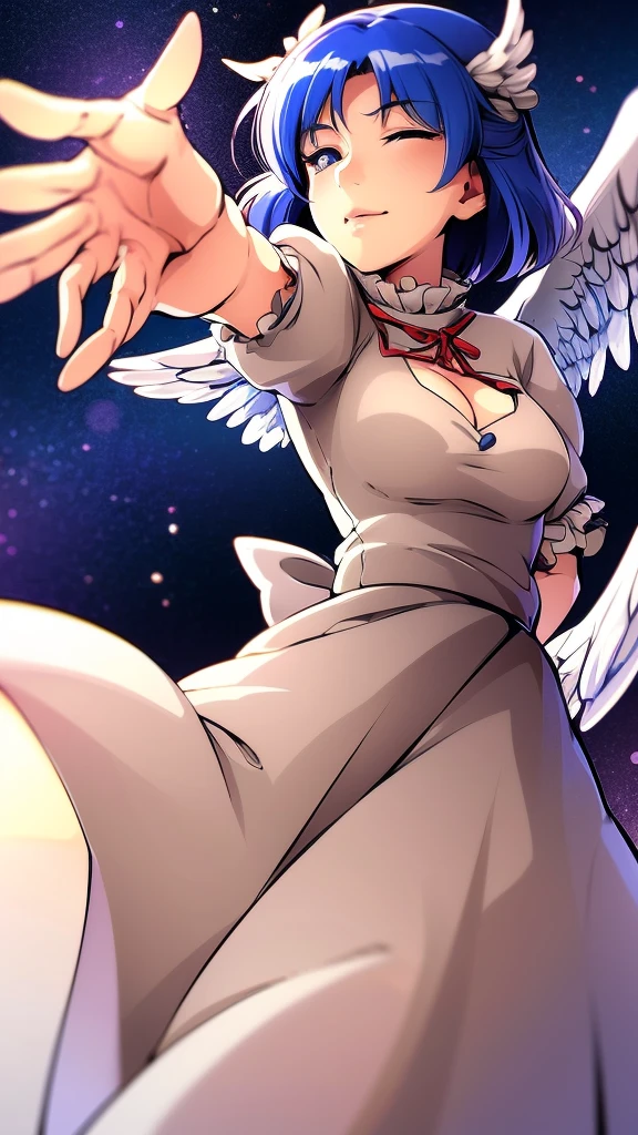 (best quality,4k,8k,highres,masterpiece:1.2), ultra-detailed, highly detailed texture, intricate details, A cute teenage angel with blue eyes, drawn in anime style, 1girl, , , , medium blue hair, hair flaps, pink ribbon on head, well-formed face, blue eyes, angel girl, white blouse, puffy short sleeves, red ribbon, angel wings, long white skirt, red shoes, frills, ribbon head, A pair of angel wings on the back, from behind, to lift up one’s skirt, cowboy shot, from front, standing , raise one leg, crossed arms, arms up behind, arms behind back, hand between legs, put hands hip, one hand on hip, forward hands, arms raised in the air, punch hands, peace sign, waving, put up index finger, sit, lie down, closed eyes, lie face down, looking back, put one hand chest, leaning forward, cleavage, close up, horizontally outstretched arms, horizontally outstretched legs, front view, front face