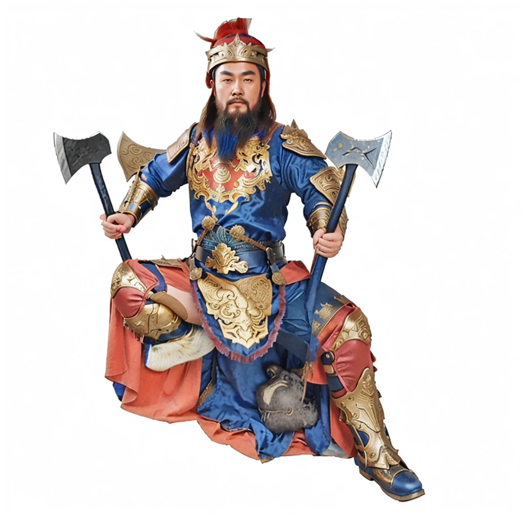 a chinese warrior with blue robe and armour, holding 2 axes, wild beard, showing his boots sole