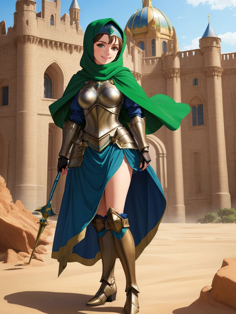 masterpiece, best quality:1.2), 1girl, smile, looking at viewer, green eyes, short brown hair, princess, armor, blue hijab headscarf, pauldrons, armored dress, green cloak cape, wearing puffy blue ballgown skirt, armored boots, fingerless gloves, standing in front of desert castle