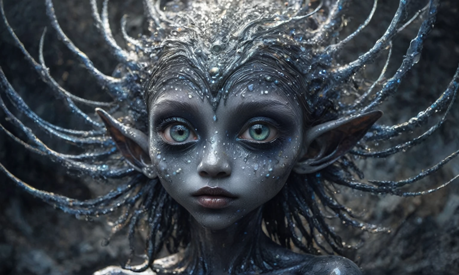 pretty face,eyebrow up,full body length shot,obsidian elf,full body length shot,very beggar niobium graphite The Alien Entity, babychild, wants eat,full body shot, of psychedelic style ,The iris looks weird, attractive, The stars in space is reflected in the pupil, goose down eyelashes, long wavy luminescent hair,insane baggy clothes,view from height,full-body-shot,High contrast,Masterpiece,Realistic,Ultra Detailed,intricate details,realistic humid skin,extremly intricate,realism,photorealism, cinematic style,irina yermolova,HDR,((Wangechi Quality)),ominous landscape,glate gray atmosphere,by art Simon Stalenhag,Nicola Samori,(((Wangechi Mutu))),prime colors,urban,extremely detailed,masterpiece,intricate details,faded,eyes extremely detailed, high detailed eyes,4k resolution,RAW, Nikon Z9,scary town,stalker,goblin,Dubai of United Arab Emirates,Mestichino,Light particles,marble leather ,ink photography ,Mestichino,Light particles,chaos