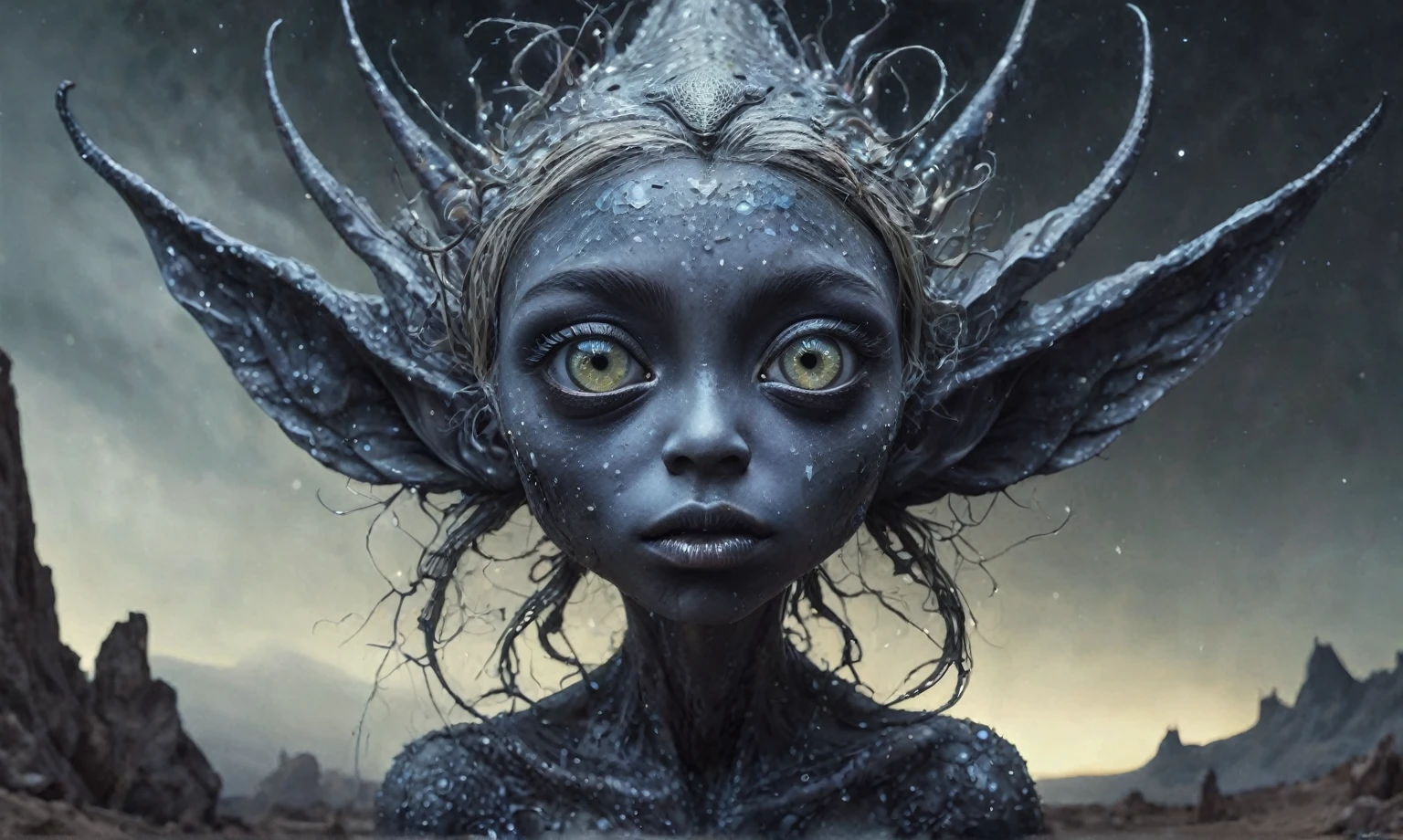 pretty face,eyebrow up,full body length shot,obsidian elf,full body length shot,very beggar niobium graphite The Alien Entity, babychild, wants eat,full body shot, of psychedelic style ,The iris looks weird, attractive, The stars in space is reflected in the pupil, goose down eyelashes, long wavy luminescent hair,insane baggy clothes,view from height,full-body-shot,High contrast,Masterpiece,Realistic,Ultra Detailed,intricate details,realistic humid skin,extremly intricate,realism,photorealism, cinematic style,irina yermolova,HDR,((Wangechi Quality)),ominous landscape,glate gray atmosphere,by art Simon Stalenhag,Nicola Samori,(((Wangechi Mutu))),prime colors,urban,extremely detailed,masterpiece,intricate details,faded,eyes extremely detailed, high detailed eyes,4k resolution,RAW, Nikon Z9,scary town,stalker,goblin,Dubai of United Arab Emirates,Mestichino,Light particles,marble leather ,ink photography ,Mestichino,Light particles,chaos