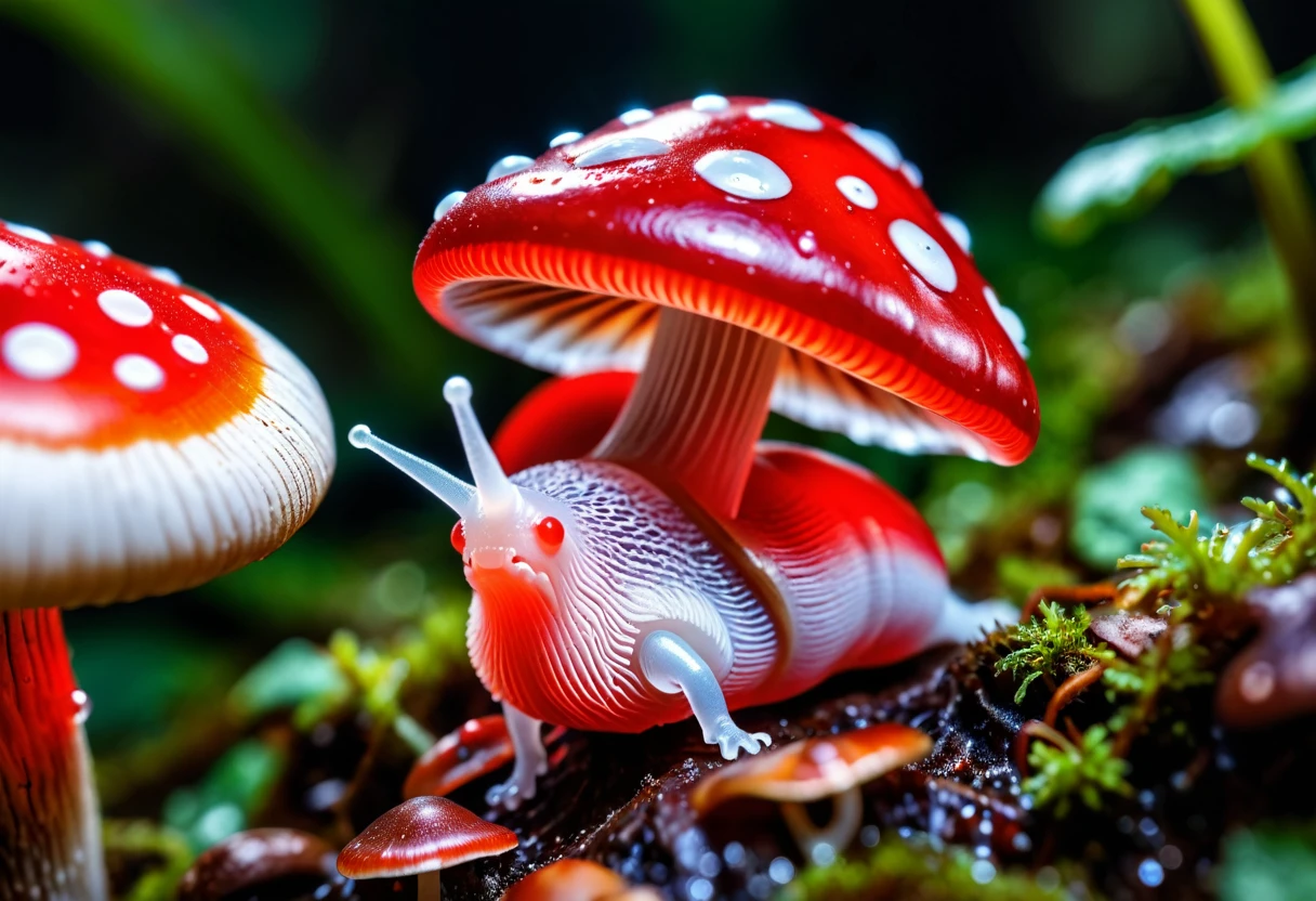 slimy translucent (slug crawling on top) of red and white mushroom, cinematic lighting, insane details, hyperrealistic extreme closeup macro photography, 64 megapixel DSLR