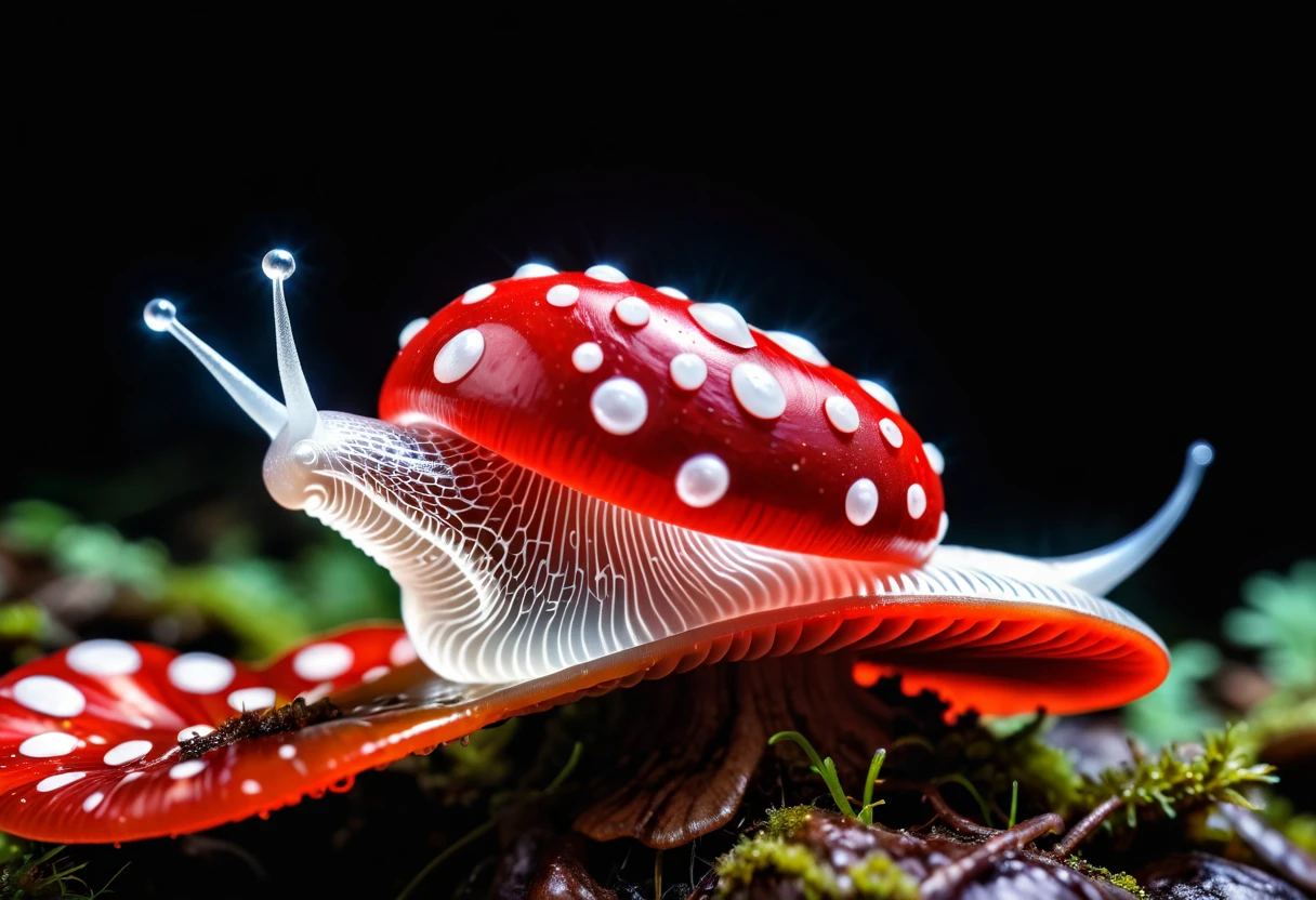 slimy translucent (slug crawling on top) of red and white mushroom, cinematic lighting, insane details, hyperrealistic extreme closeup macro photography, 64 megapixel DSLR