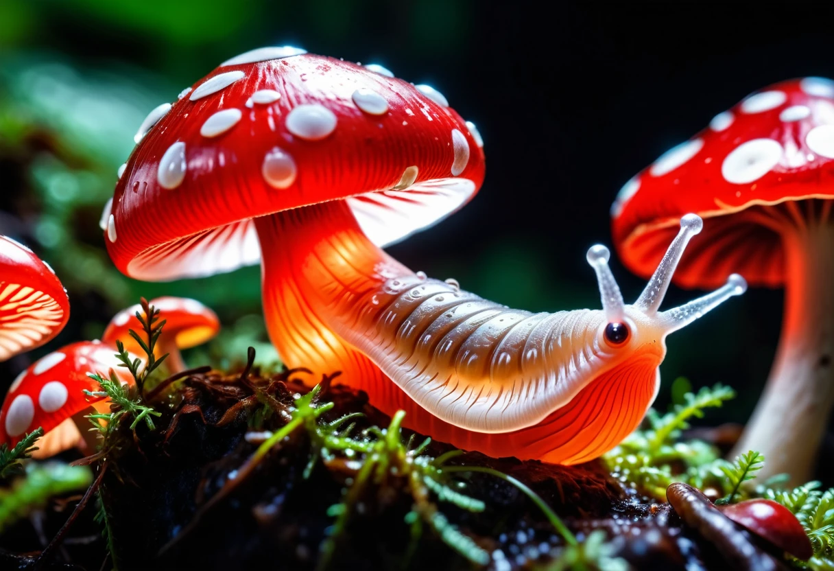 slimy translucent (slug crawling on top) of red and white mushroom, cinematic lighting, insane details, hyperrealistic extreme closeup macro photography, 64 megapixel DSLR