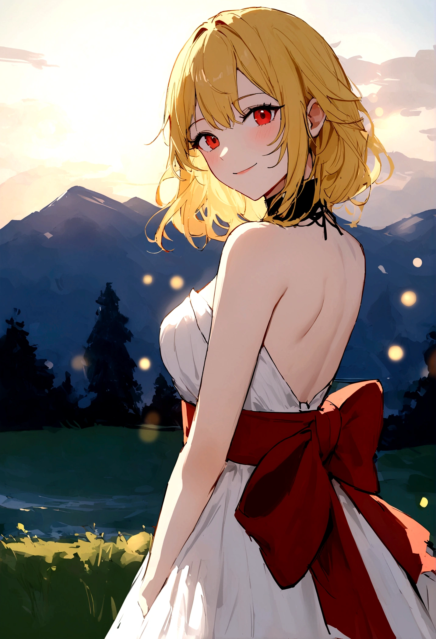 work of art, best qualityer, best qualityer, (intrincado detalhado:1.2), gorgeous eyes, 1 girl, standing alone, plein-air, blue sky, Clouded, bokeh, Lens flare, anamorphic Lens flare, Depth of field, alluring face, seducing smile, hena_screw up, yellow hair, red sash,
