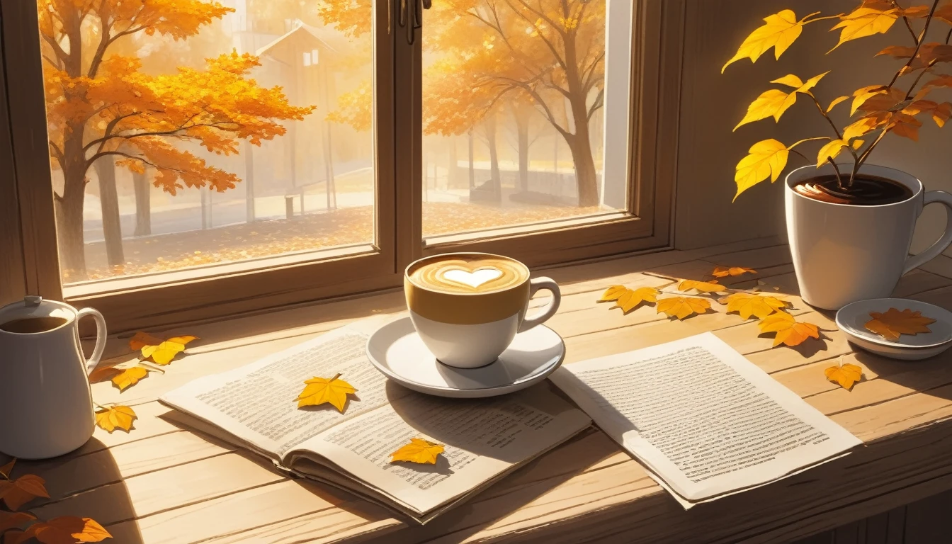 Make a picture of a cozy autumn morning scene featuring one cup of coffee with heart-shaped latte art on it, placed on a wooden windowsill. beside the cup, there was a piece of cake with triangle slice layered with white cream on the small plate, and surrounded by bright yellow and orange leaves falling from the nearby trees, which are visible through the window. Warm sunlight filters through the leaves, casting dappled shadows all around, enhancing the warmth of the scene. Beside it, there is an open newspaper with visible, but unreadable writing, adding to the relaxed atmosphere of a quiet morning indoors.