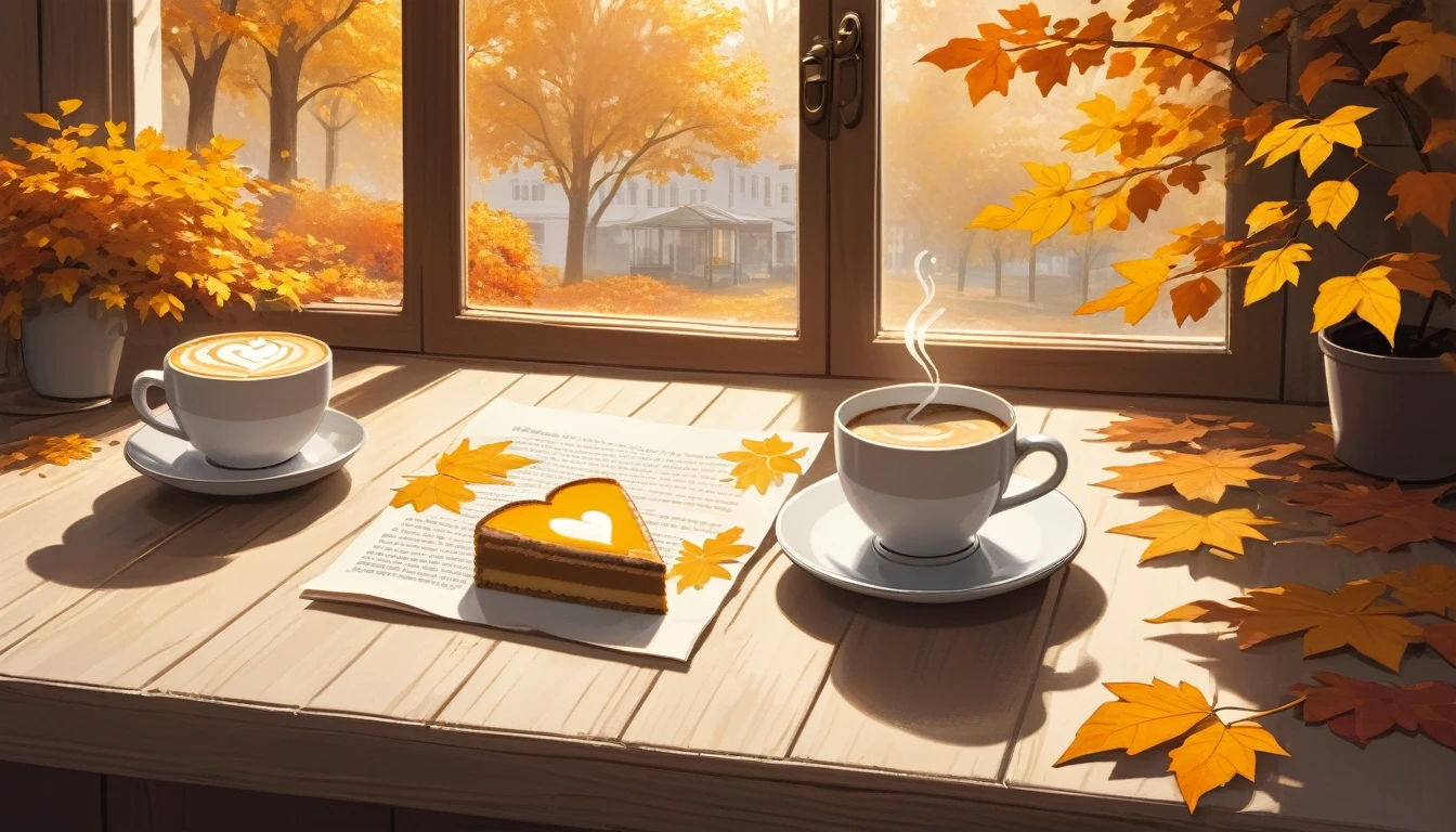 Make a picture of a cozy autumn morning scene featuring one cup of coffee with heart-shaped latte art on it, placed on a wooden windowsill. beside the cup, there was a piece of cake with triangle slice layered with white cream on the small plate, and surrounded by bright yellow and orange leaves falling from the nearby trees, which are visible through the window. Warm sunlight filters through the leaves, casting dappled shadows all around, enhancing the warmth of the scene. Beside it, there is an open newspaper with visible, but unreadable writing, adding to the relaxed atmosphere of a quiet morning indoors.